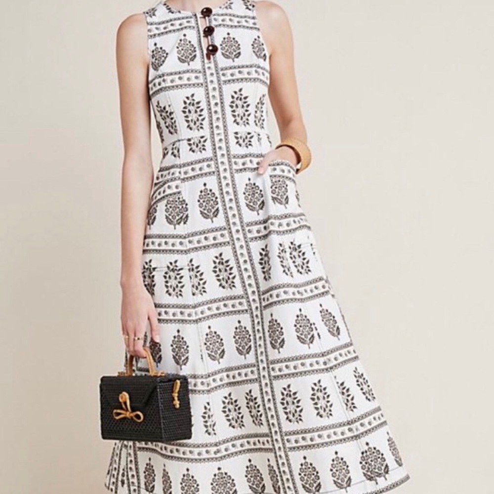 Sleeveless, block print, floral, A-line midi dress